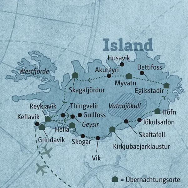 Diese Karte zeigt den Verlauf Ihrer individuellen 10-tägigen Mietwagenreise Island: Reykjavik, Golden Circle, Hella, Skogar, Vik, Kirkjubaejarklaustur, Jökulsarlon, Höfn, Egilsstadir, Dettifoss, Myvatn, Akureyri, Skagafjördur, Keflavik.