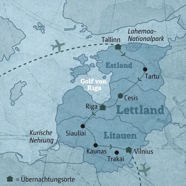 Ihre Reiseroute durch Estland, Lettland & Litauen startet in Tallinn und führt über Tartu, Riga und Kaunas nach Vilnius.