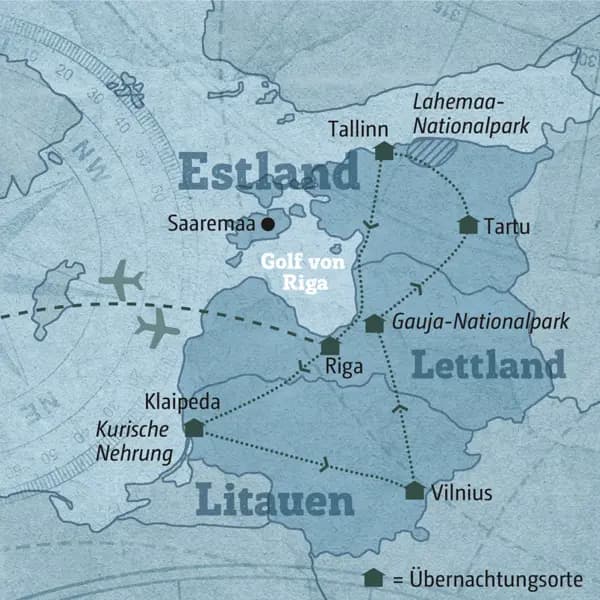 Ihre individuelle Reiseroute startet in Tallinn und führt überTartu, den Gauja-Nationalpark, Vilnius, Klaipeda und Riga zurück nach Tallinn.