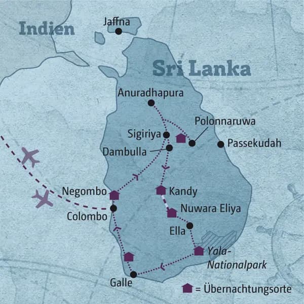 Ihre individuelle Rundreise führt Sie über Negombo zum Kulturellen Dreieck, weiter über Kandy, Nuwara Eliya, den Yala-Nationalpark und Galle zum Badeaufenthalt an der Südwestküste.