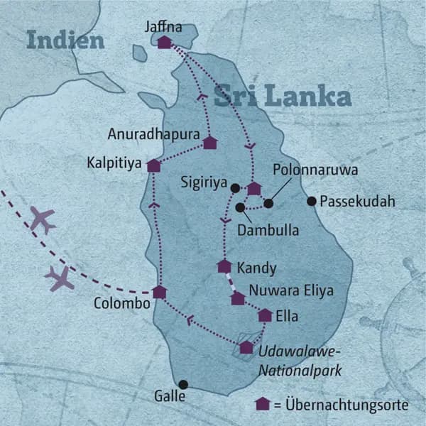 Die Reiseroute Ihrer individuellen Rundreise durch Sri Lanka führt Sie zuerst in den Norden nach Jaffna. Weiter geht es über das Kulturelle Dreieck, Kandy, Nuwara Eliya und Ella zum Udawalawe-Nationalpark.