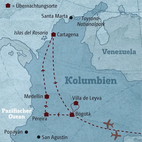 Die Karte zeigt den Verlauf Ihrer individuellen Kolumbien-Rundreise: Bogotá, Villa de Leyva, Medellín, Cartagena.