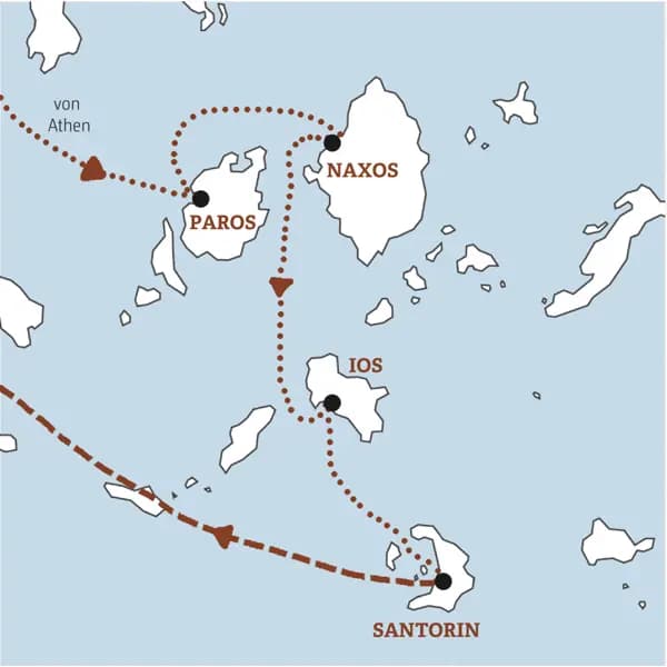 Die Stationen dieser Mini-Gruppen-Reise auf die Kykladen sind Paros, Naxos, Ios und Santorin.