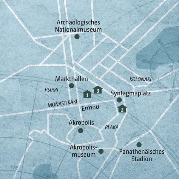 Stadtplan Athen mit 3 Hotels