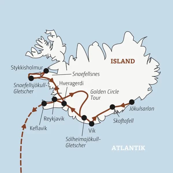 Die Rundreise mit YOUNG LINE über Island führt dich von Reykjavik nach Vik, Skaftafell, zum Golden Circle, auf die Halbinsel Snaefellsnes und zurück nach Keflavik.