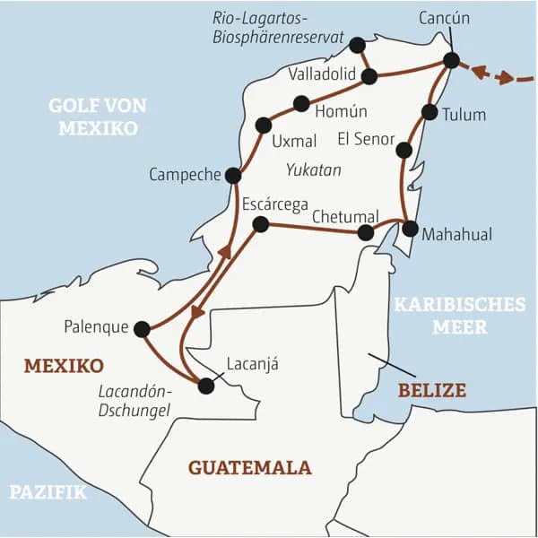 Die Rundreise mit YOUNG LINE durch Mexiko führt dich von Cancún nach Tulum, Chetumal, Lacanjá, Palenque, Uxmal und ins Rio-Lagartos-Biosphärenreservat.