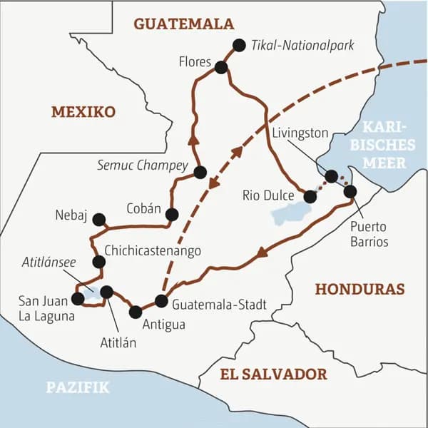 Die Rundreise mit YOUNG LINE durch Guatemala führt dich von Guatemala-Stadt zum Atitlánsee, nach Cobán, Flores, zum Tikal-Nationalpark, nach Livingstone und Puerto Barriosi.
