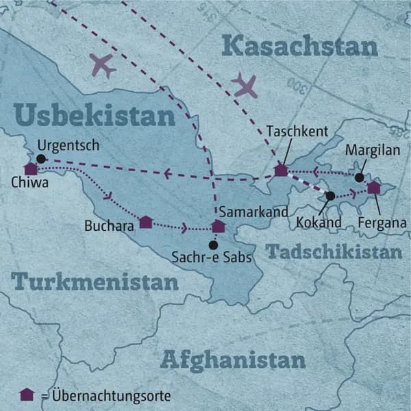 Ihre individuelle Rundreise durch Usbekistan beginnt in Taschkent und führt Sie ins Ferganatal, nach Chiwa, Buchara und Samarkand.