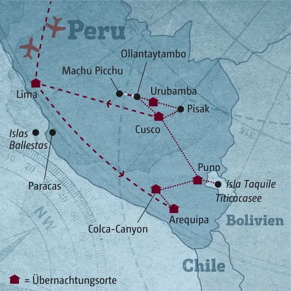 Ihre Reiseroute durch Peru startet in Lima und führt über Arequipa, Puno, Cusco, Urubamba zurück in die Hauptstadt. Der Besuch von Machu Picchu darf natürlich nicht fehlen!