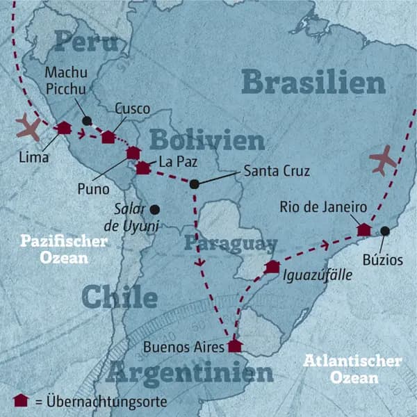 Ihre individuelle Reise durch Südamerika führt Sie von Peru über Bolivien und Argentinien nach Brasilien - Machu Picchu ist ebenso dabei wie der Titicacasee und die Wasserfälle von Iguazú.