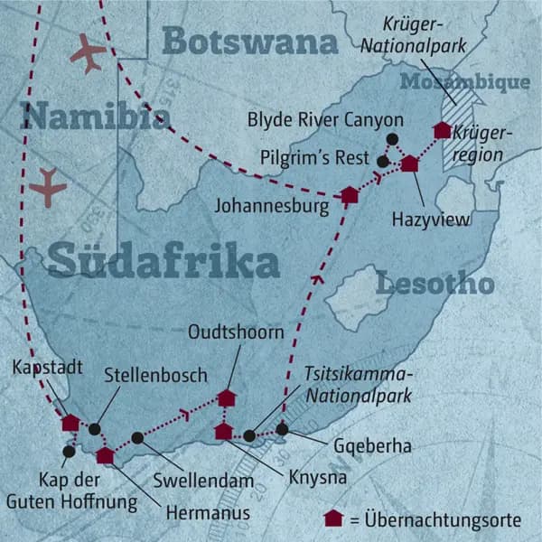 Die Route Ihrer individuellen Rundreise durch Südafrika startet in Kapstadt und führt über Hermanus, Oudtshoorn und Knysna in die Krügerparkregion.