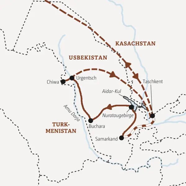 Die Karte zeigt den Verlauf unserer Usbekistan-Rundreise in kleiner Gruppe: Taschkent, Samarkand, Nutataugebirge, Buchara, Chiwa, Urgentsch.