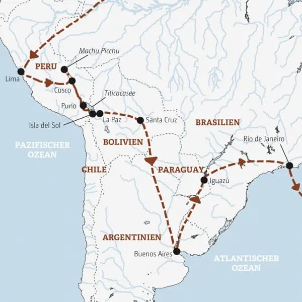Unsere Marco Polo-Reise durch Südamerika führt Sie von Peru über Bolivien und Argentinien nach Brasilien - Machu Picchu ist ebenso dabei wie der Titicacasee und die Wasserfälle von Iguazú.