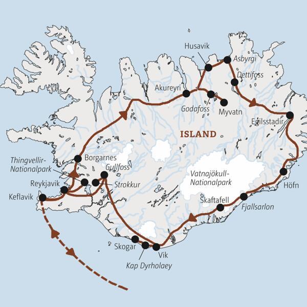 Die Marco Polo Rundreise durch Island beginnt in Reykjavik und führt über Borgarnes, Akureyri, Egilsstadir, Höfn, Vik und Dyrholaey zurück.