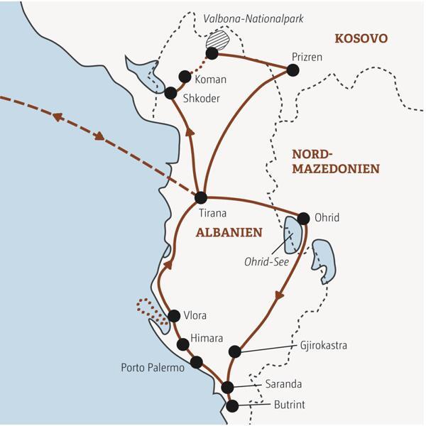 Die Rundreise mit Marco Polo in der Mini-Gruppe nach Albanien führt Sie von Tirana nach Shkoder und in den Valbona-Nationalpark im Norden und anschließend über Ohrid, Gjirokastra, Saranda und Vlora im Süden zurück.