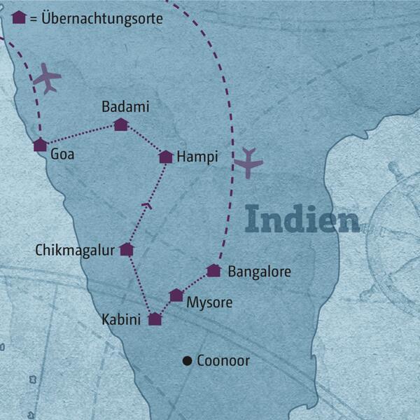 Auf Ihrer individuellen Reise durch Zentralindien besuchen Sie u.a. die Königsstadt Mysore, die Nationalparks am Kabini River, Kaffeeanbaugebiete bei Chikmagalur, die ehemalige Königsstadt Hampi sowie die Höhlentempel von Badami. Den Abschluss bildet ein Aufenthalt an den Stränden Goas.