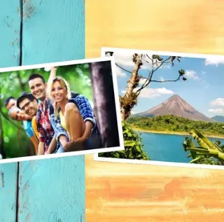 Eine Bildkollage mit blauem und gelbem Hintergrund und zwei Urlaubsfotos von einer fröhlichen  Gruppe junger Menschen sowie eine Berglandschaft in Costa Rica.