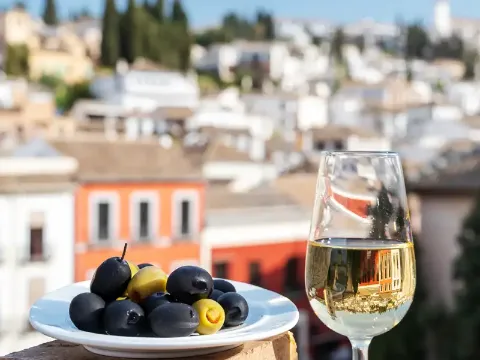 Ein Teller mit Oliven und ein Glas Weißwein, mit einer malerischen Stadt im Hintergrund.