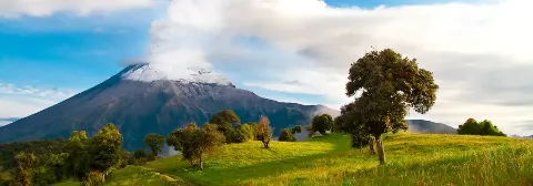 Schneebedeckter Vulkan Tungurahua mit Eruption erhebt sich über eine grüne Landschaft mit Bäumen.