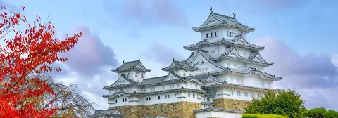 Burg Himeji mit weißer Außenfassade auf einer Mauer mit grünen Pflanzen und rotem Baum im Vordergrund.