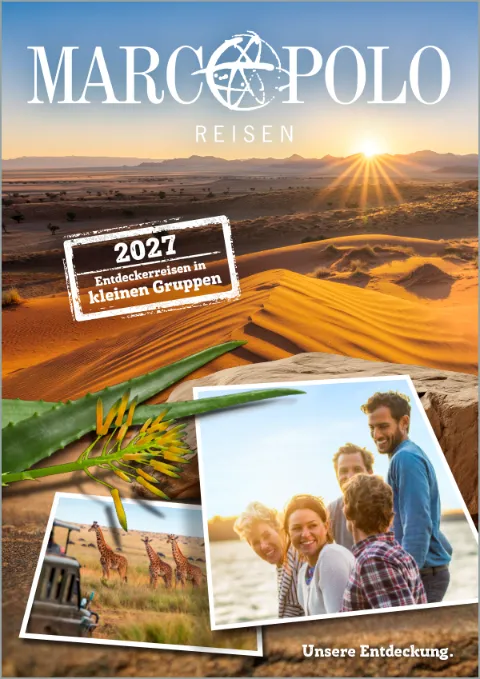 Marco Polo Katalogcover für Entdeckerreisen in kleinen Gruppen mit einer Wüstenlandschaft und Polaroid-Bildern.