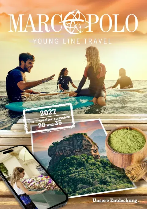 Marco Polo YOUNG LINE TRAVEL Katalog 2027 für Traveller zwischen 20 und 35 mit Surfern im Sonnenuntergang, sowie einem Polaroid und einem Handy.