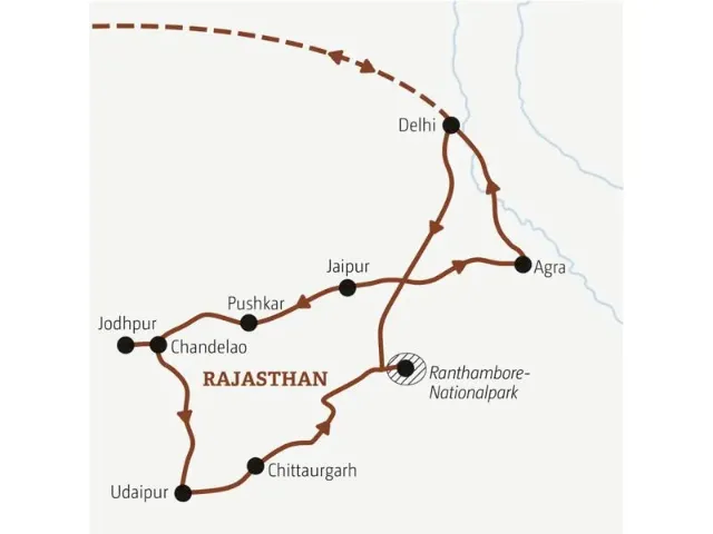 Eine Routenkarte von der Top-Preis Rundreise "Indien – Märchenhaftes Rajasthan".