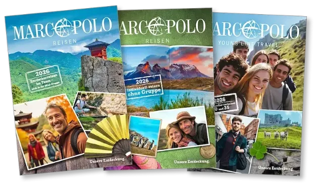 Drei Kataloge von Marco Polo Reisen als Fächer