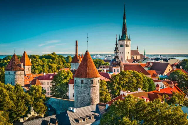 Die Dächer und Türme der Altstadt von Estlands Hauptstadt Tallinn werden von der Sonne angestrahlt.