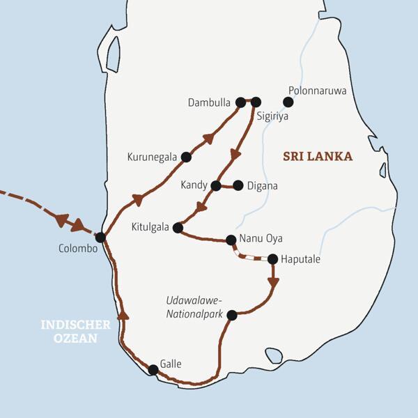 Die Karte zeigt den Verlauf der Marco-Polo-Mini-Gruppen-Reise Sri Lanka: Colombo, Kurunegala, Dambulla, Sigiriya, Kandy, Digana, Kitulgala, Nanu Oya, Haputale, Udawalawe, Galle.