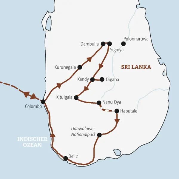 Die Karte zeigt den Verlauf der Marco-Polo-Mini-Gruppen-Reise Sri Lanka: Colombo, Kurunegala, Dambulla, Sigiriya, Kandy, Digana, Kitulgala, Nanu Oya, Haputale, Udawalawe, Galle.