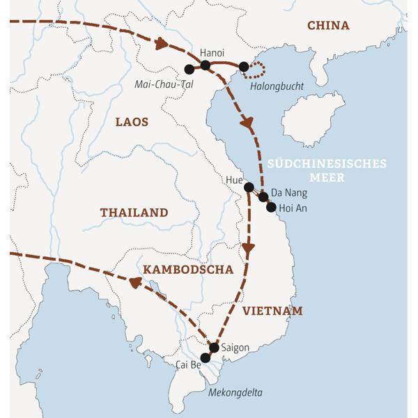 Die Rundreise in der Mini-Gruppe durch Vietnam führt Sie von Hanoi in die Halongbucht und weiter über Hoi An und Hue nach Saigon.