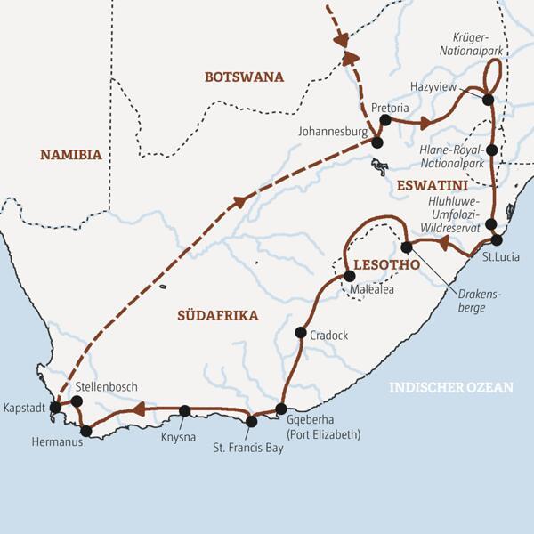 Diese Rundreise  führt Sie von Johannesburg zum Krügerpark, nach Eswatini und in die Drakensberge nach Lesotho und weiter über die Gartenroute nach Knysna und Kapstadt.