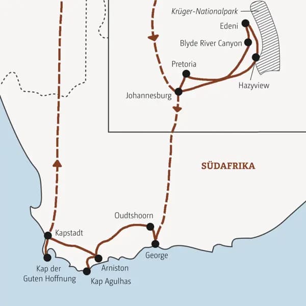 Diese Rundreise durch Südafrika in der Mini-Gruppe führt Sie von Johannesburg über den Krügerpark nach Oudtshoorn und von dort weiter über Kap Agulhas nach Kapstadt mit Abstecher zum Kap der Guten Hoffnung.
