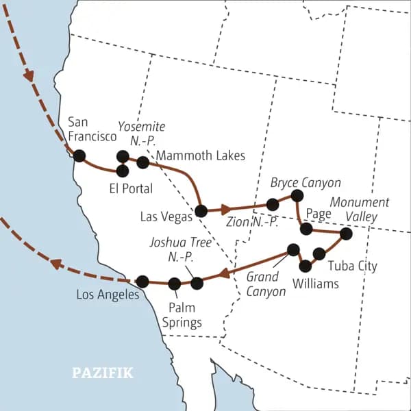 Auf dieser YOUNG LINE Reise an die Westküste der USA besuchen die Reisenden in der Gruppe die Bundesstaaten Kalifornien, Nevada und Utah.