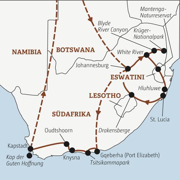 Die Rundreise mit YOUNG LINE durch Südafrika führt dich von Johannesburg in den Krüger-Nationalpark, nach Eswatini, in die Drakensberge, nach Knysna und Kapstadt.