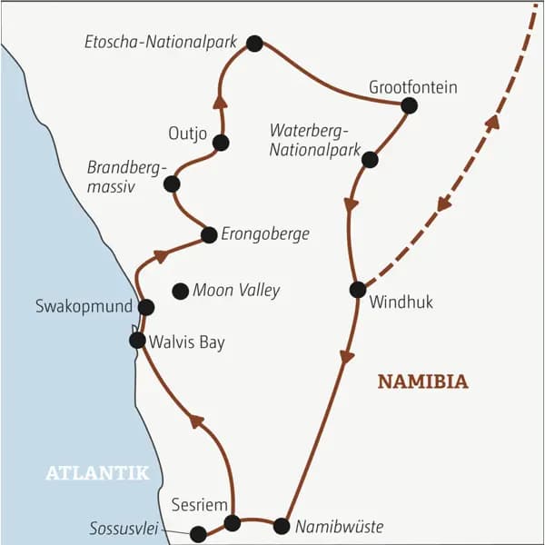 Die Rundreise mit YOUNG LINE durch Namibia führt dich von Windhuk zum Sossusvlei, nach Swakopmund, in das Brandbergmassiv, den Etoscha-Nationalpark und nach Grootfontein.