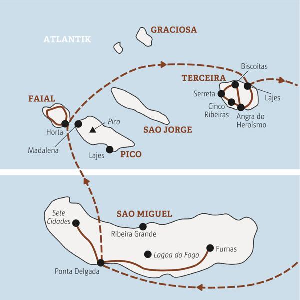 Die Karte zeigt den Verlauf unserer Rundreise über die Azoren im Team: Ponta Delgada auf Sao Miguel, Angra do Heroísmo auf Terceira, Horta, Pico, Furnas.