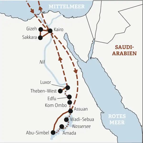 Reisekarte der Marco Polo Mini-Gruppen-Reise Ägypten mit den wichtigsten Stationen der Reise.