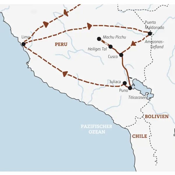 Die Reiseroute der Marco Polo Reise durch Peru: von Lima ins Amazonas-Tiefland, dann nach Cusco und Machu Picchu und weiter zum Titicacasee.