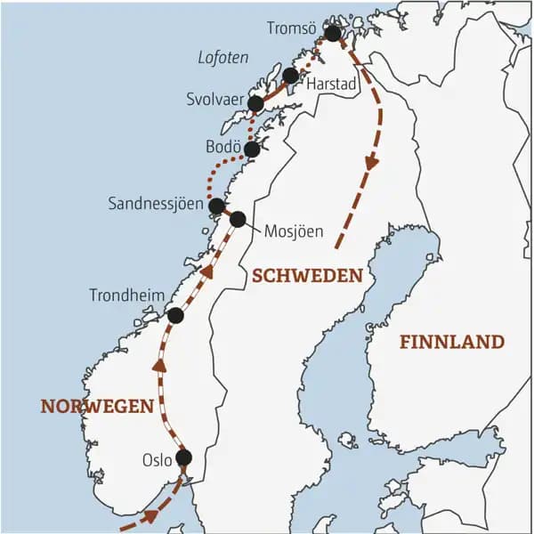 Auf der YOUNG LINE Reise ab 35 Norwegen - Rocks 'n' Roads Richtung Polarkreis - reisen erlebnishungrige Traveller von Bergen über die Lofoten und Vesteraalen bis nach Tromsö.