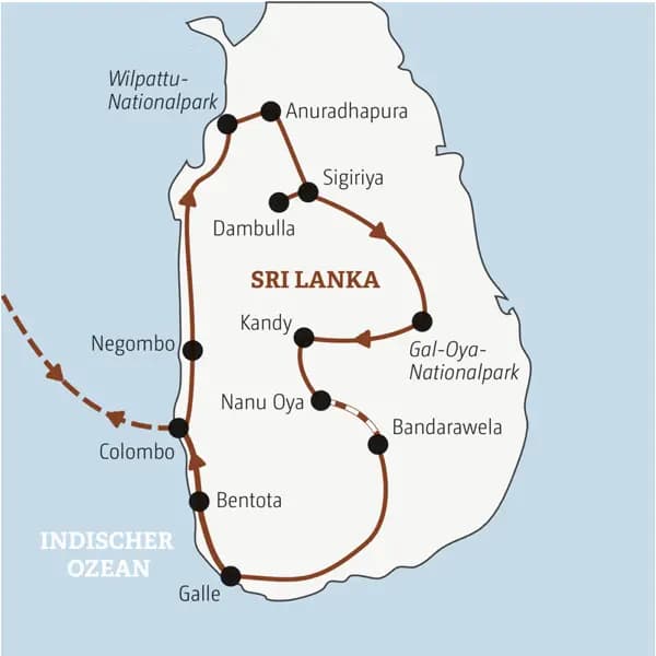 Die Rundreise mit YOUNG LINE für Traveller ab 35 durch Sri Lanka führt dich von Colombo über den Wilpattu-Nationalpark nach Anuradhapura, zum Gal-Oya-Nationalpark und weiter über Kandy und Bandarawela nach Galle und Bentota.