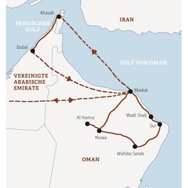 Ihre Marco Polo Reise beginnt in Maskat. Weitere Stationen: Sur, die Wüste Wahiba Sands und Nizwa.  Von Maskat fliegen Sie in die Exklave Musandam. Von dort geht es über Land nach Dubai, von wo Sie in die Heimat zurückfliegen.