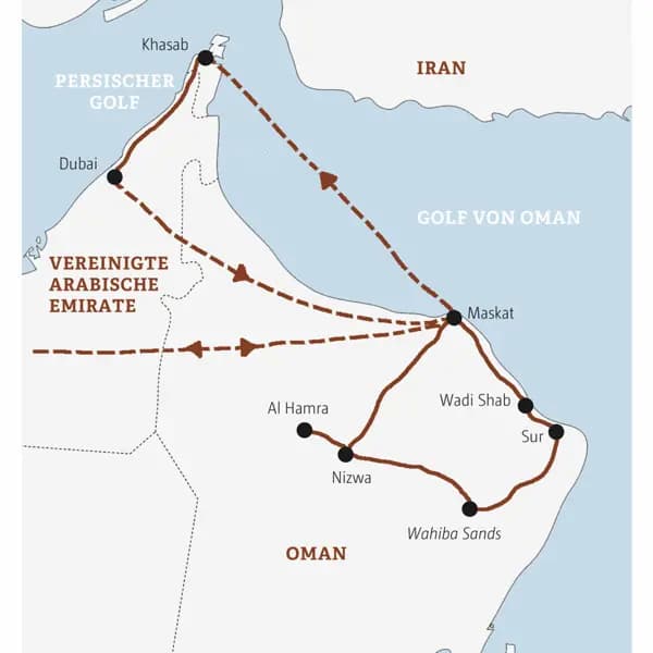 Ihre Marco Polo Reise beginnt in Maskat. Weitere Stationen: Sur, die Wüste Wahiba Sands und Nizwa.  Von Maskat fliegen Sie in die Exklave Musandam. Von dort geht es über Land nach Dubai, von wo Sie in die Heimat zurückfliegen.