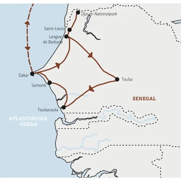 Unsere Marco Polo Mini-Gruppen-Reise Senegal verläuft von Dakar über Langue de Barbarie bis nach Saint-Louis und in den Djoudi-Nationalpark. Weiter nach Touba und Toubacouta. Am Ende kommen wir nach Somone an der Küste.