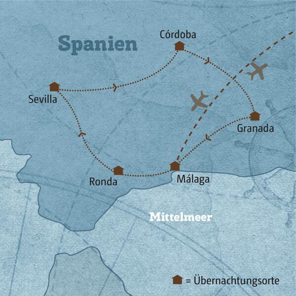 Diese Karte zeigt den Verlauf Ihrer individuellen Rundreise durch Andalusien: sie führt von Málaga über Ronda, Sevilla, Cordoba,  Granada und zurück nach Malaga.