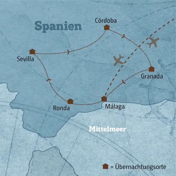 Diese Karte zeigt den Verlauf Ihrer individuellen Rundreise durch Andalusien: sie führt von Málaga über Ronda, Sevilla, Cordoba,  Granada und zurück nach Malaga.