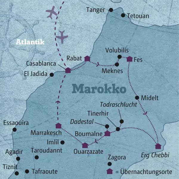 Diese individuelle Rundreise führt Sie zu den Höhepunkten Marokkos, wie die Königstädte Marrakesch, Rabat und Fes sowie in die Wüste und das Atlasgebirge.