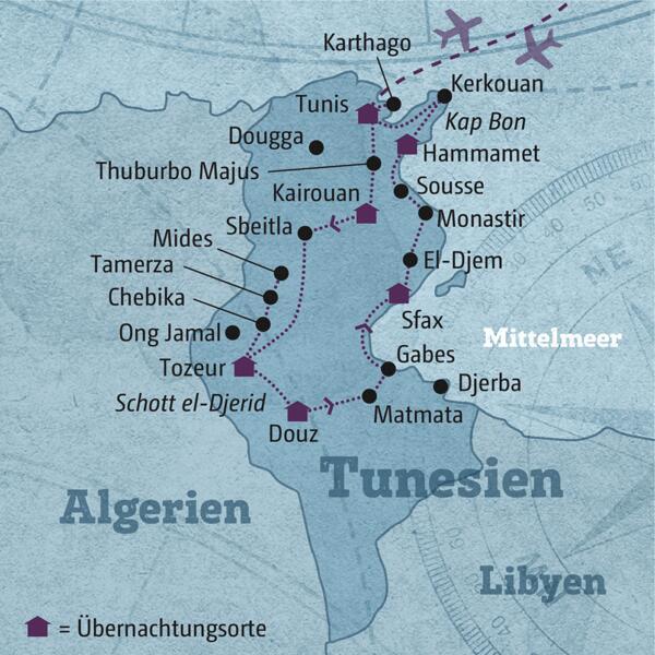 Ihre individuelle Reiseroute startet in Tunis und führt über Kairouan, Tozeur, Douz, Sfax und Hammamet zurück.