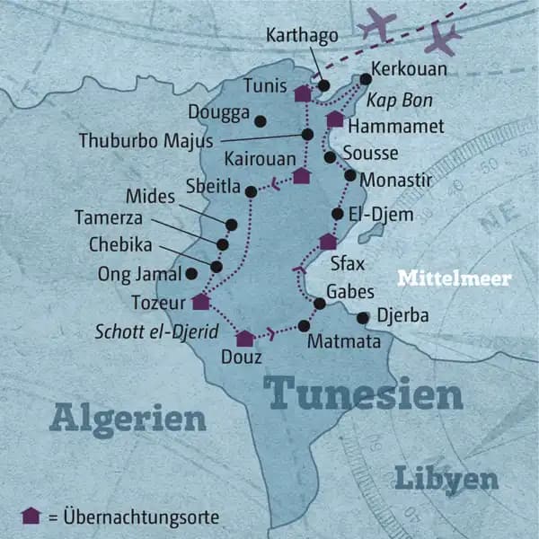 Ihre individuelle Reiseroute startet in Tunis und führt über Kairouan, Tozeur, Douz, Sfax und Hammamet zurück.